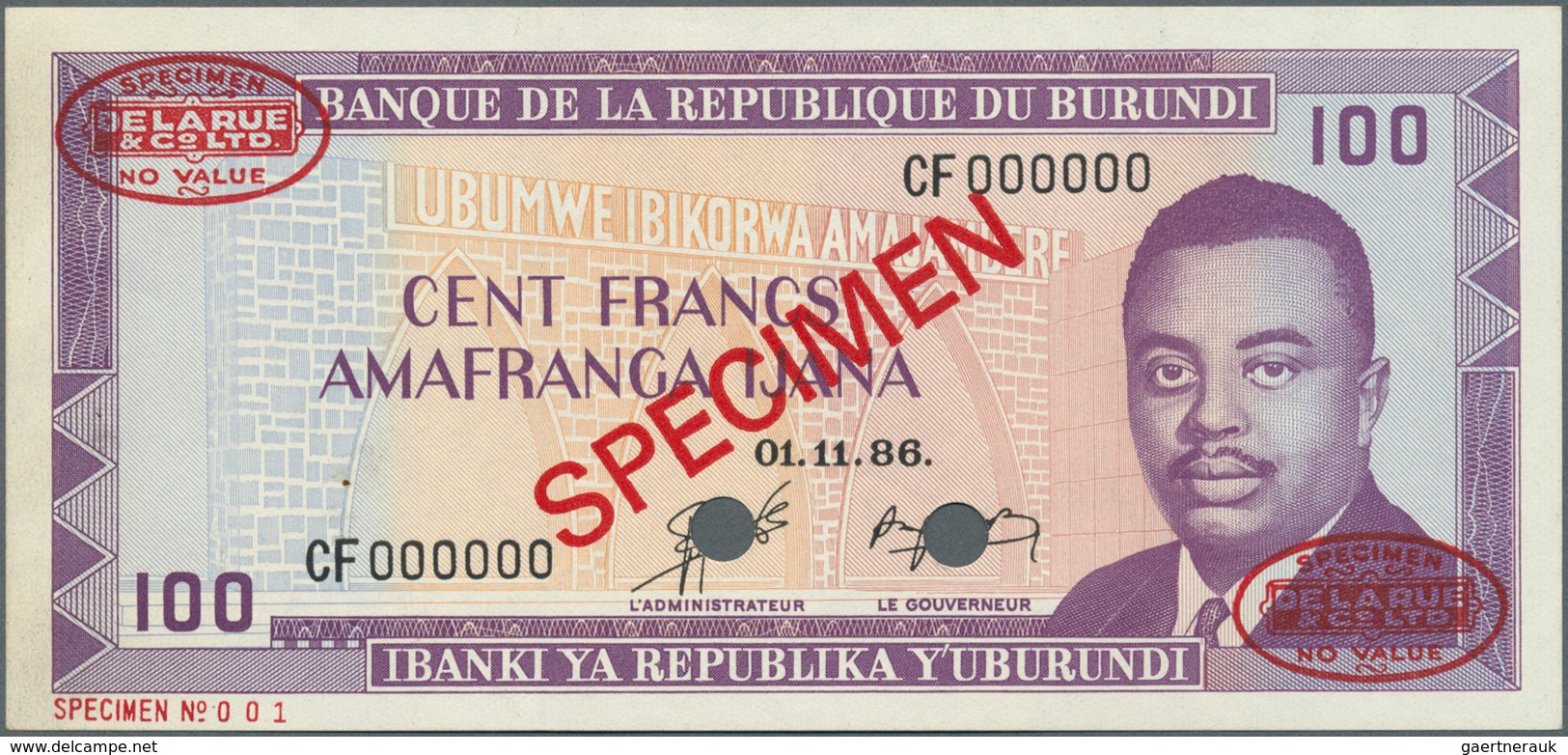 Burundi: Banque De La République Du Burundi 100 Francs November 1st 1986 SPECIMEN, P.29bs With Trace - Burundi
