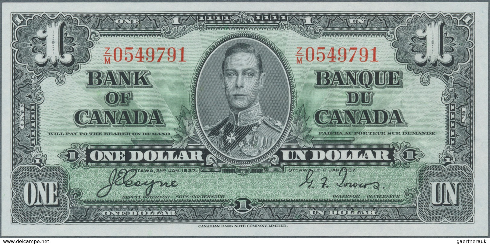 Canada: 1 Dollar 1937 P. 58e, Light Creases At Right Border, No Holes Or Tears, Condition: XF+ To AU - Kanada
