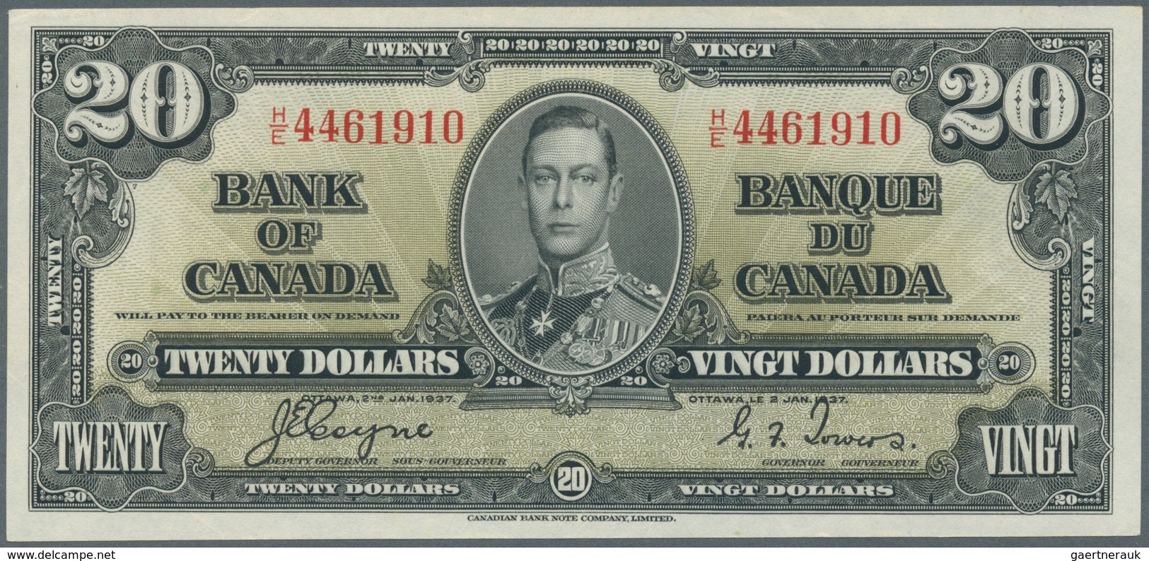 Canada: 20 Dollars 1937 With Signature Coyne & Towers, P.62c With Soft Vertical Bend At Center. Rare - Kanada