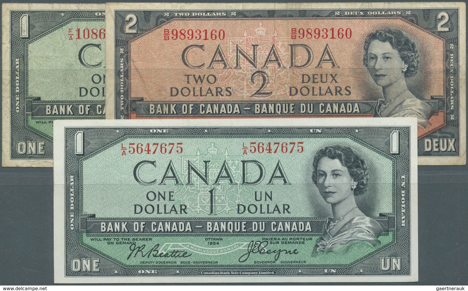 Canada: Set With 3 Banknotes Of The 1954 "Devil's Face Hair Style" Issue Comprising 1 Dollar With Si - Canada