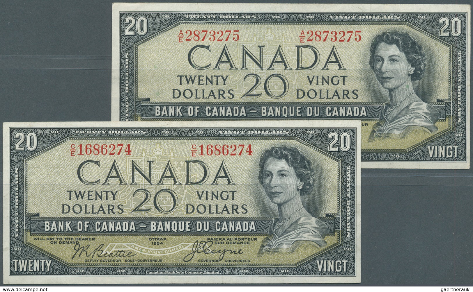 Canada: Pair Of 20 Dollars 1954 "Devil's Face Hair Style" Issue, One With Signature Coyne & Towers, - Kanada