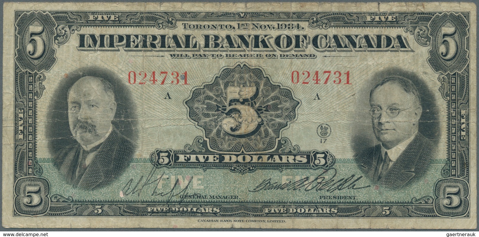 Canada: The Imperial Bank Of Canada 5 Dollars 1934, P.S1145Ea, Rare And Seldom Offered Banknote In S - Kanada