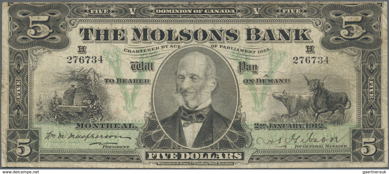 Canada: The Molsons Bank 5 Dollars 1912, P.S1235, Very Rare And Seldom Offered Note, Still Great Con - Kanada