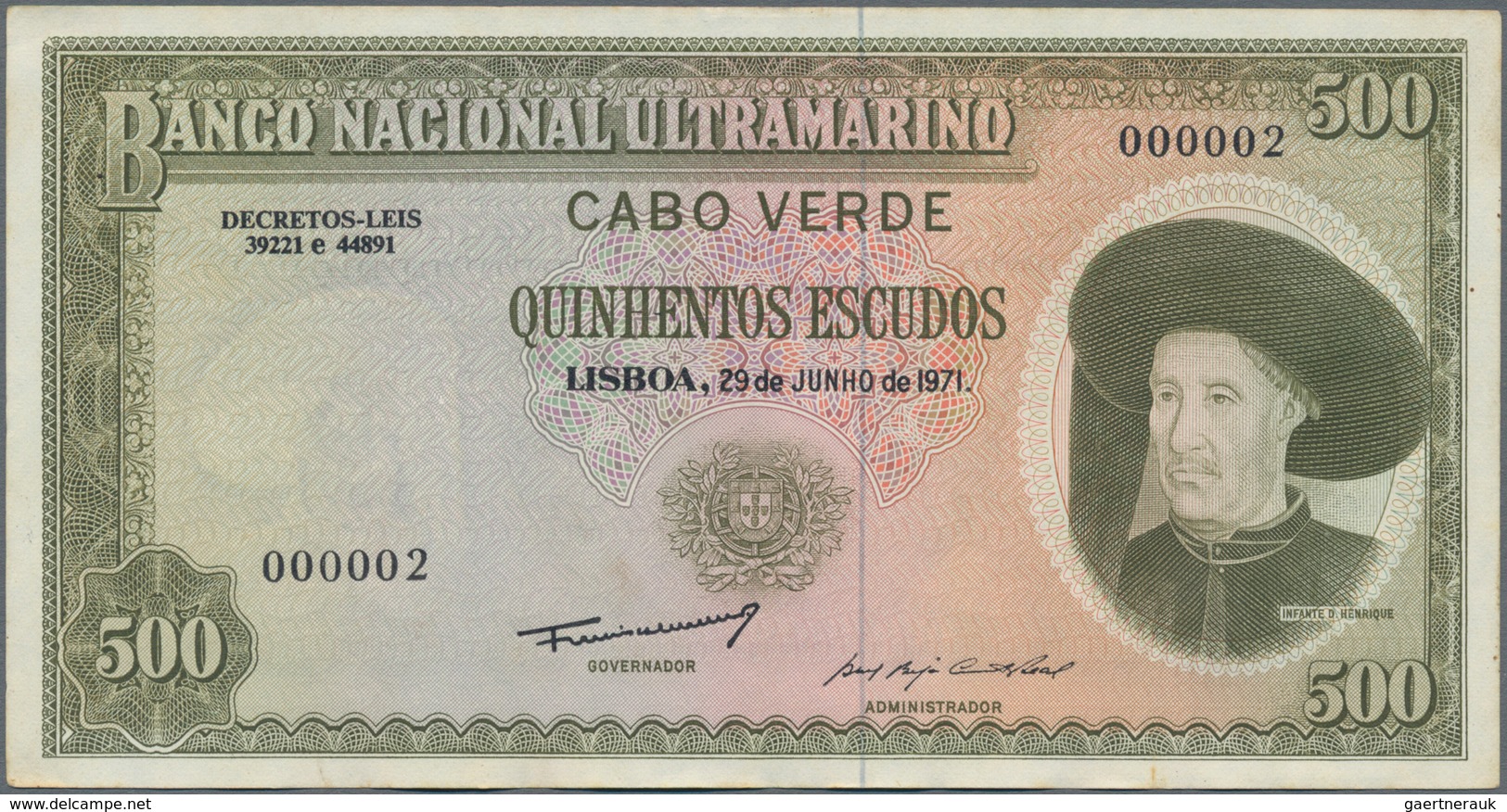 Cape Verde / Kap Verde: 500 Escudos 1971, P.53A With Serial Number 000002, Some Minor Spots, Dint At - Cap Verde