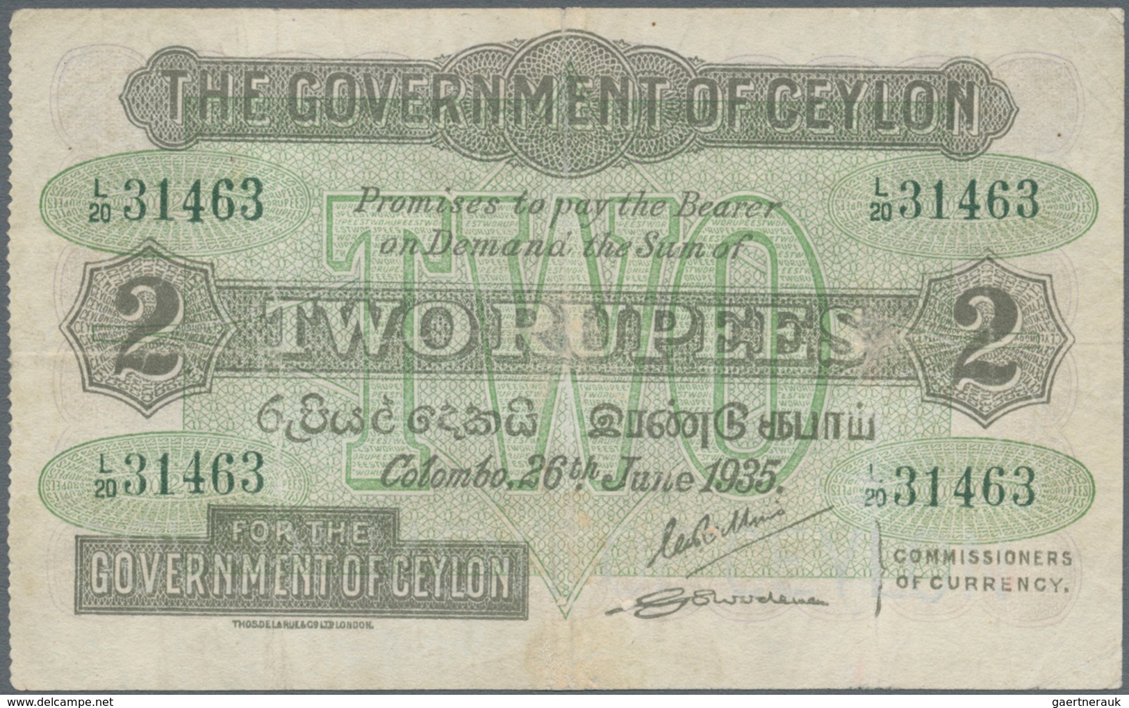 Ceylon: 2 Rupees 1935 P. 21b, Pressed But Still Strongness In Paper, Vertical And Horizontal Folds, - Sri Lanka