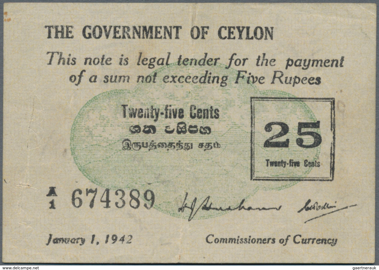 Ceylon: Nice Group With 3 Banknotes 5 Rupees 1941 P.32 (F), 10 Rupees 1941 P.36A (F+) And 25 Cents 1 - Sri Lanka