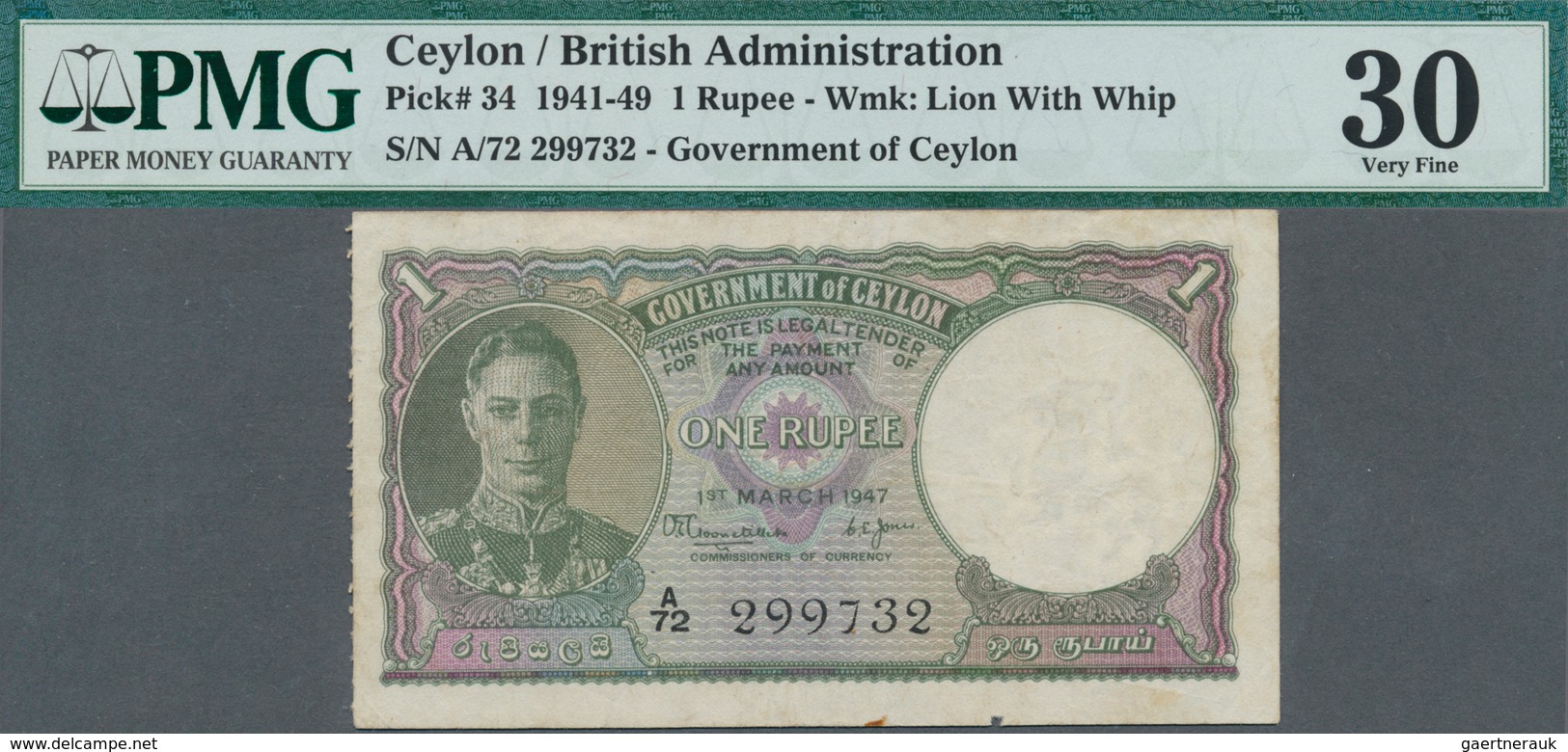 Ceylon: 1 Rupee 1947, P.34, Rusty Spots And Tiny Margin Split, PMG Graded 30 Very Fine - Sri Lanka