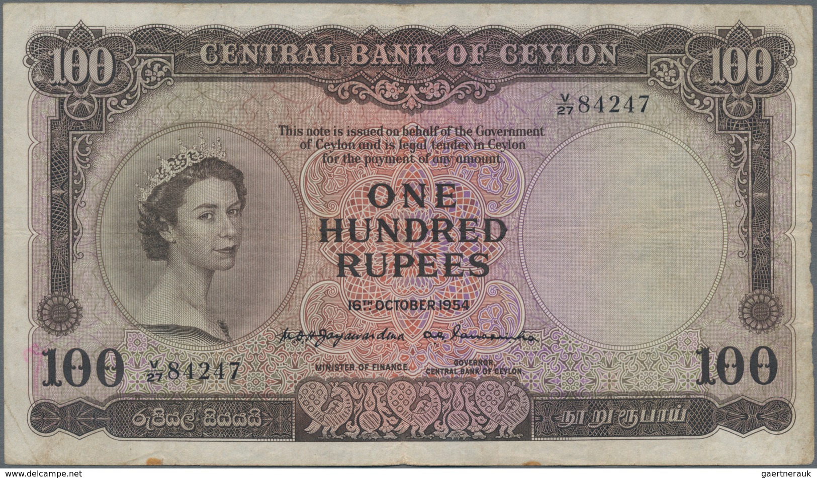 Ceylon: 100 Rupees 1954, P.53, Very Popular Banknote In Good Condition With A Few Folds And Creases - Sri Lanka