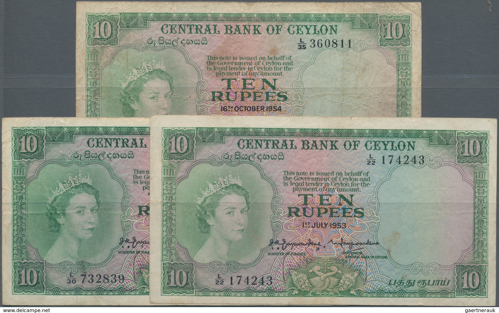 Ceylon: Nice Lot With 3 Banknotes 10 Rupees July 1st 1953 (2 Pcs. In F/F+) And October 16th 1954 (F- - Sri Lanka