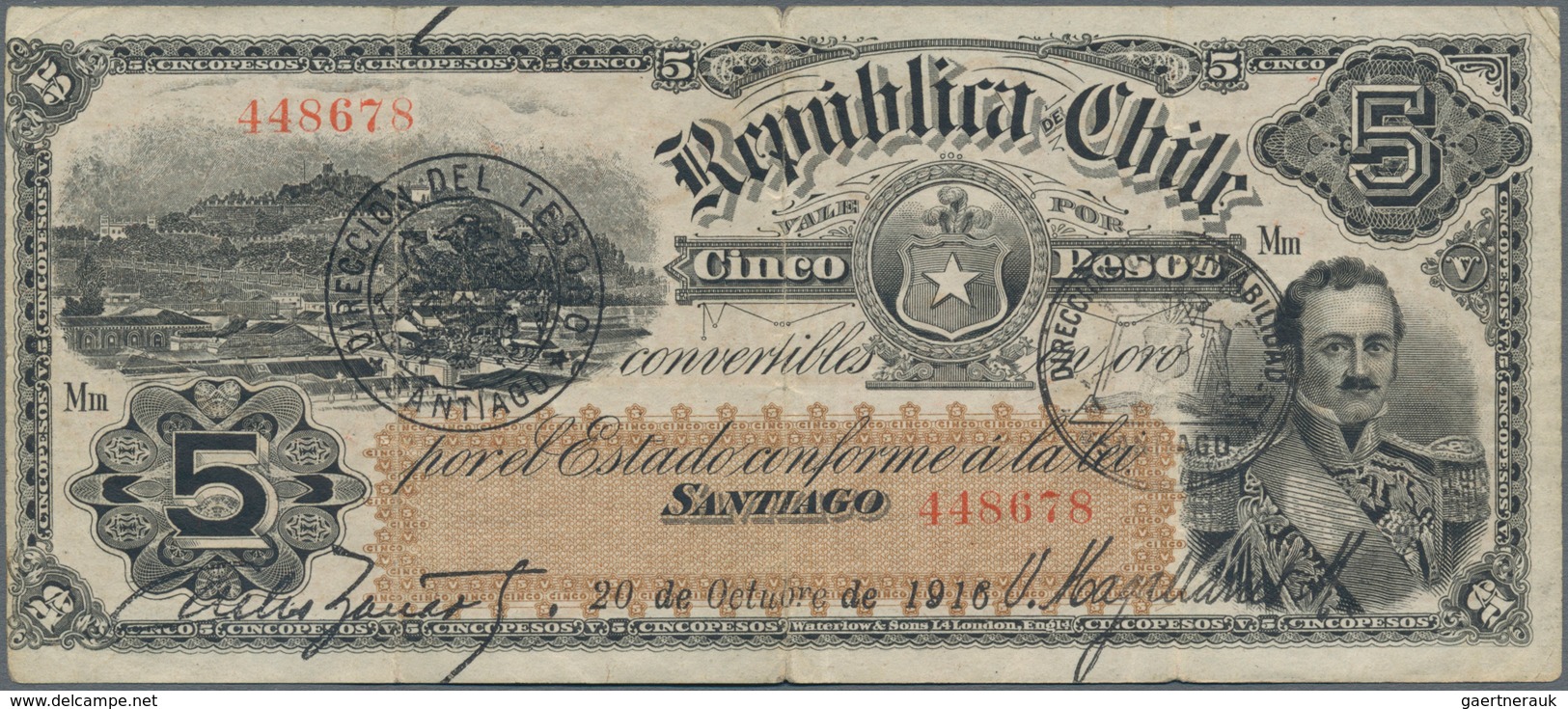 Chile: Republica De Chile 5 Pesos 1916, P.18b, Great Original Shape And Rare Early Issue, Tiny Margi - Chile