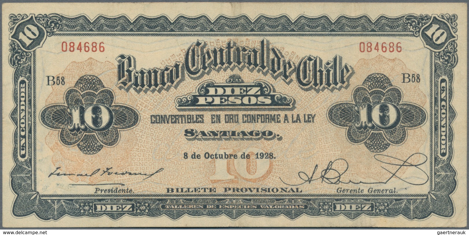 Chile: Banco Central De Chile 10 Pesos 1928, P.83b, Very Nice With A Few Soft Folds Only. Condition: - Chile