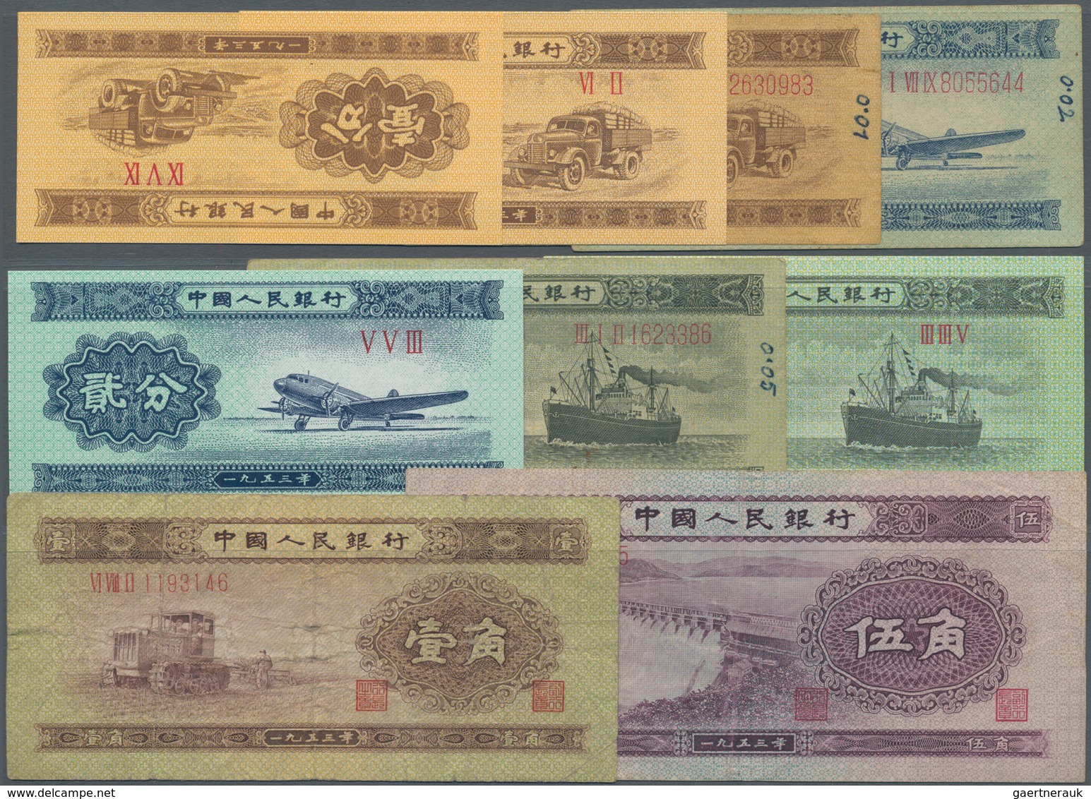 China: China Peoples Republic Set With 9 Banknotes Series 1953 With 1, 2, 5 Fen, 1 And 5 Jiao, P.860 - China