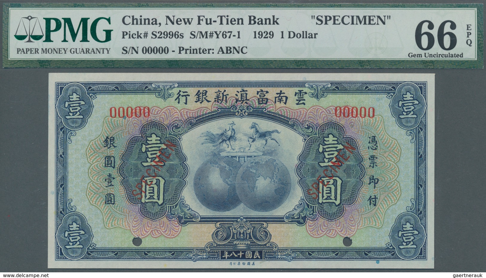 China: New Fu-Tien Bank 1 Dollar 1929 SPECIMEN, P.S2996s In Perfect UNC, PMG Graded 66 Gem Uncircula - China