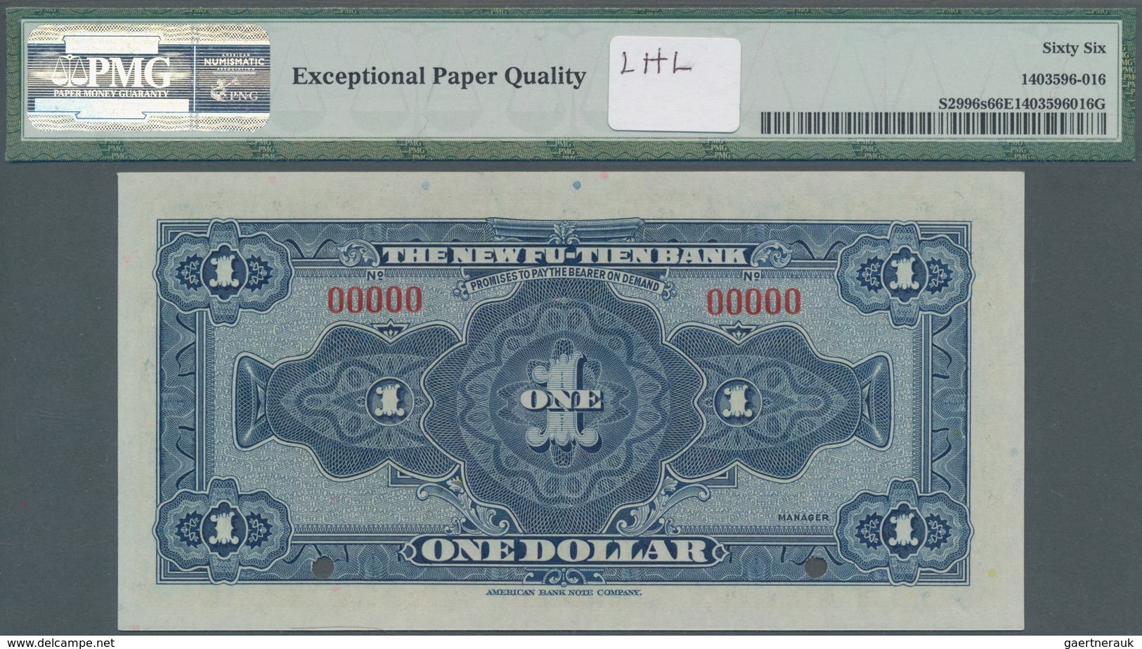 China: New Fu-Tien Bank 1 Dollar 1929 SPECIMEN, P.S2996s In Perfect UNC, PMG Graded 66 Gem Uncircula - China