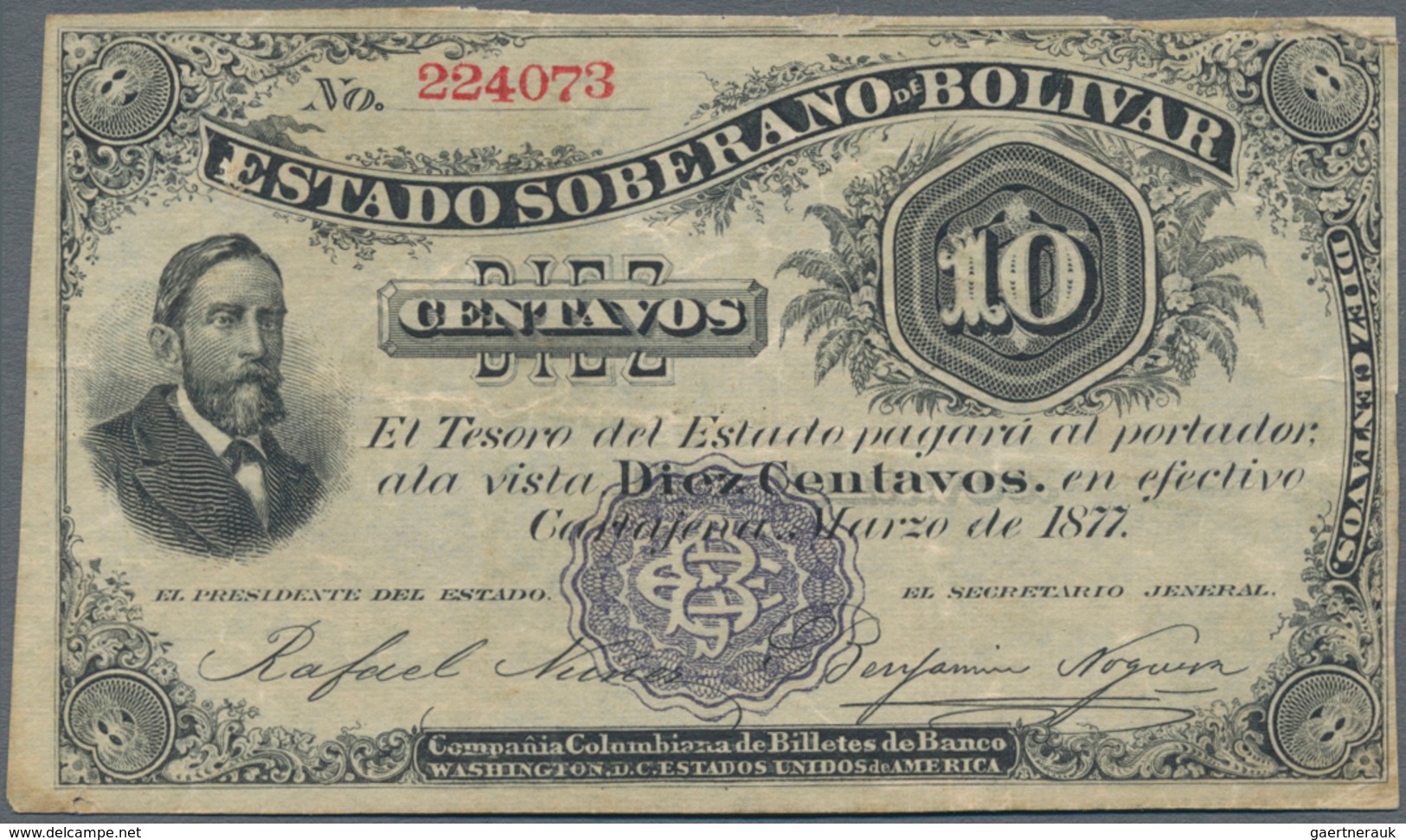 Colombia / Kolumbien: Estado Soberano De Bolivar 10 Centavos = 1 Real 1877, P.S103, Very Nice And Ra - Kolumbien