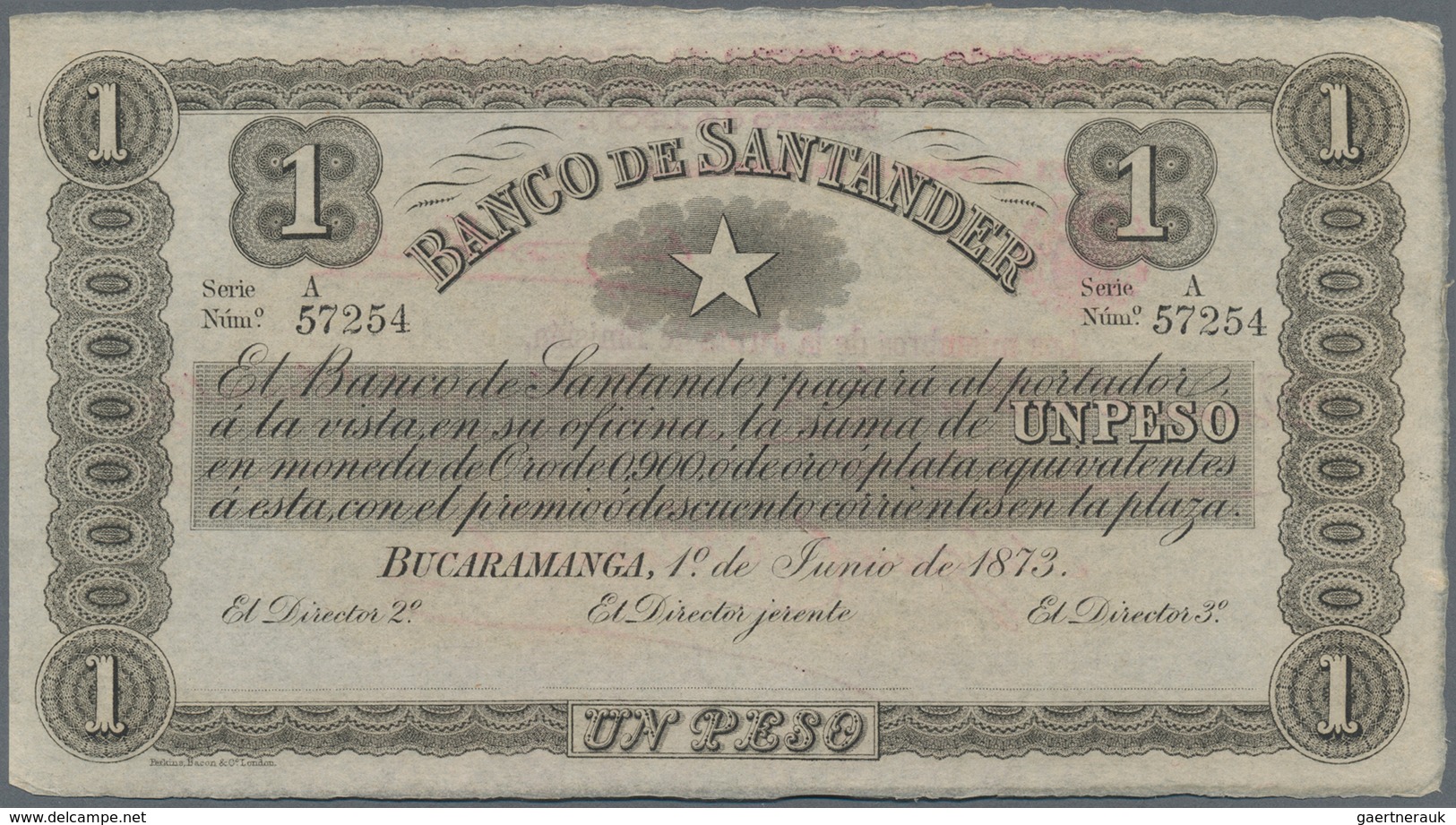 Colombia / Kolumbien: Banco De Santander 1 Peso 1873 Remainder With Revalidation 06.01.1900 On Back, - Kolumbien