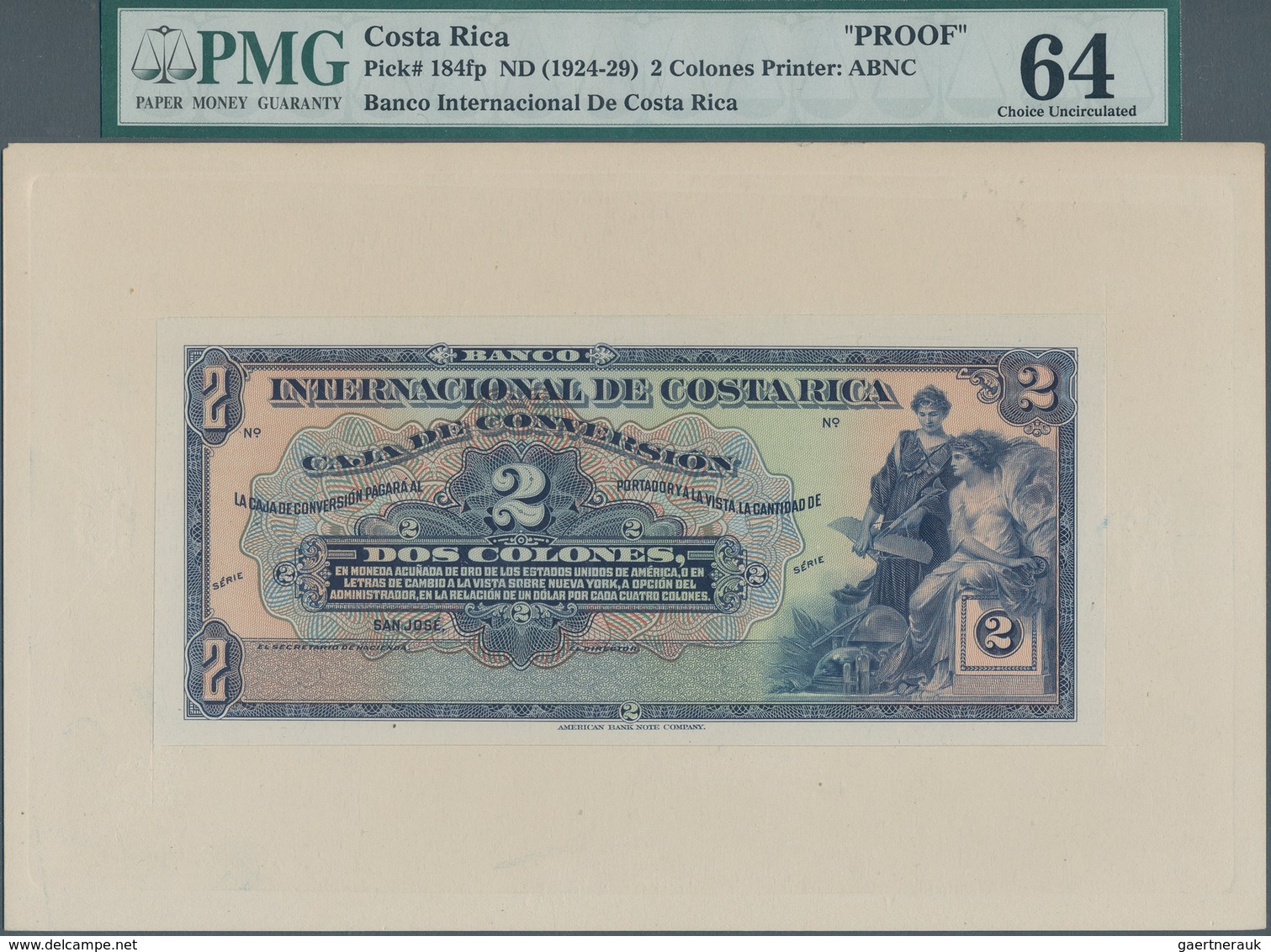 Costa Rica: Banco Internacional De Costa Rica 2 Colones ND(1924-29), P.184 Front And Back Proof On C - Costa Rica