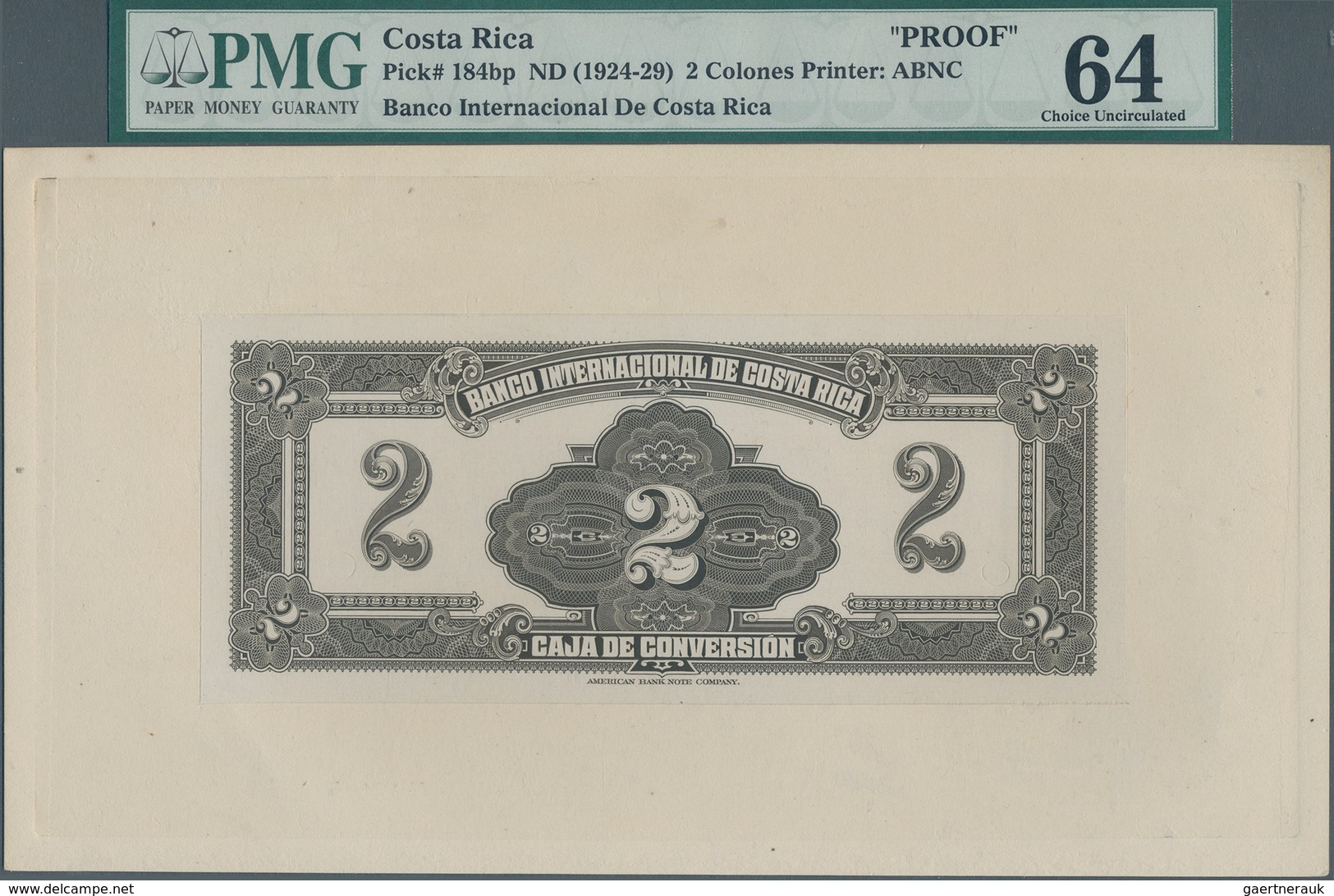 Costa Rica: Banco Internacional De Costa Rica 2 Colones ND(1924-29), P.184 Front And Back Proof On C - Costa Rica