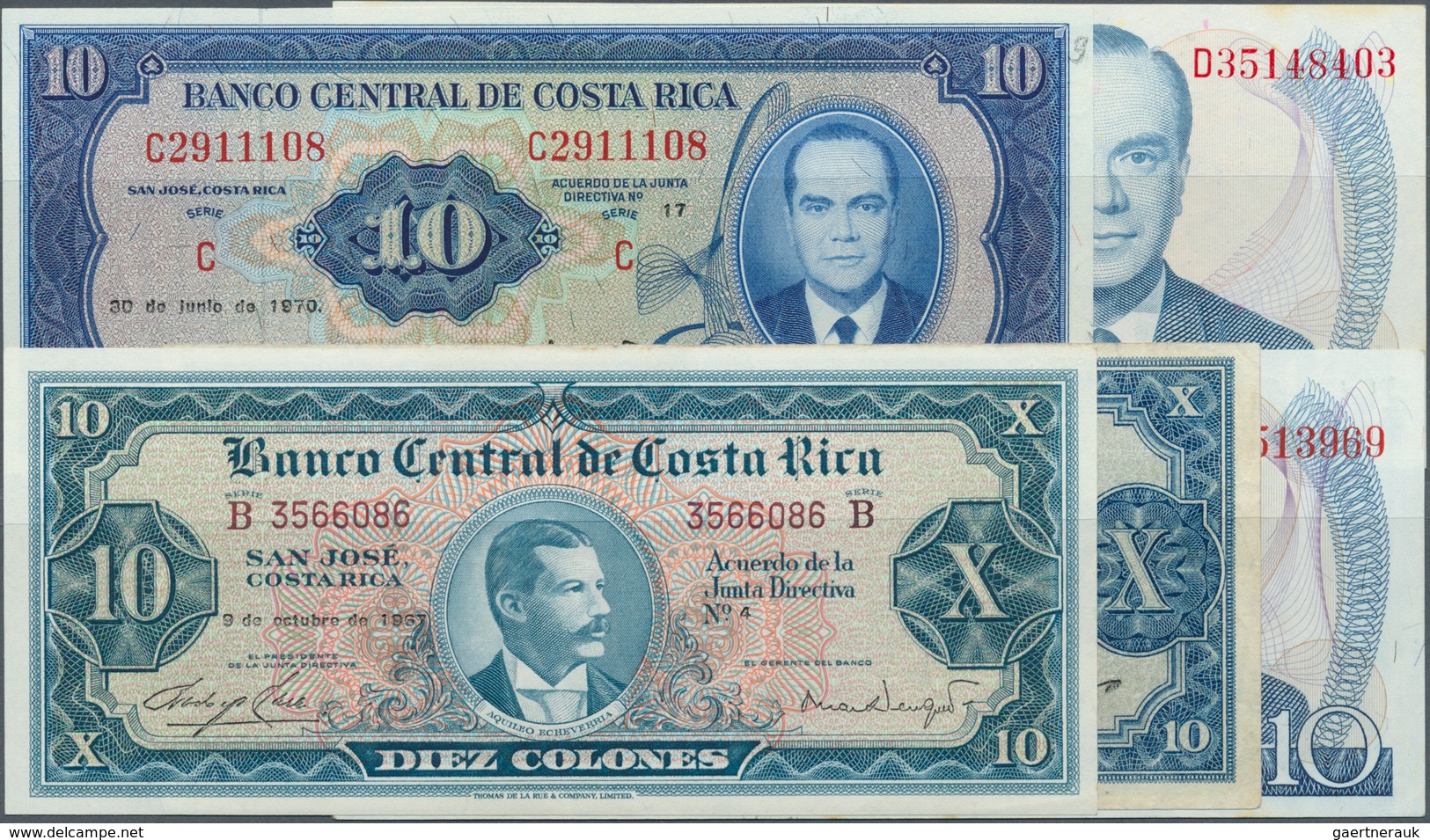 Costa Rica: Set Of 5 Banknotes Containing 2x 10 Colones 1967 P. 221c (XF+ To AUNC And VF), 10 Colone - Costa Rica