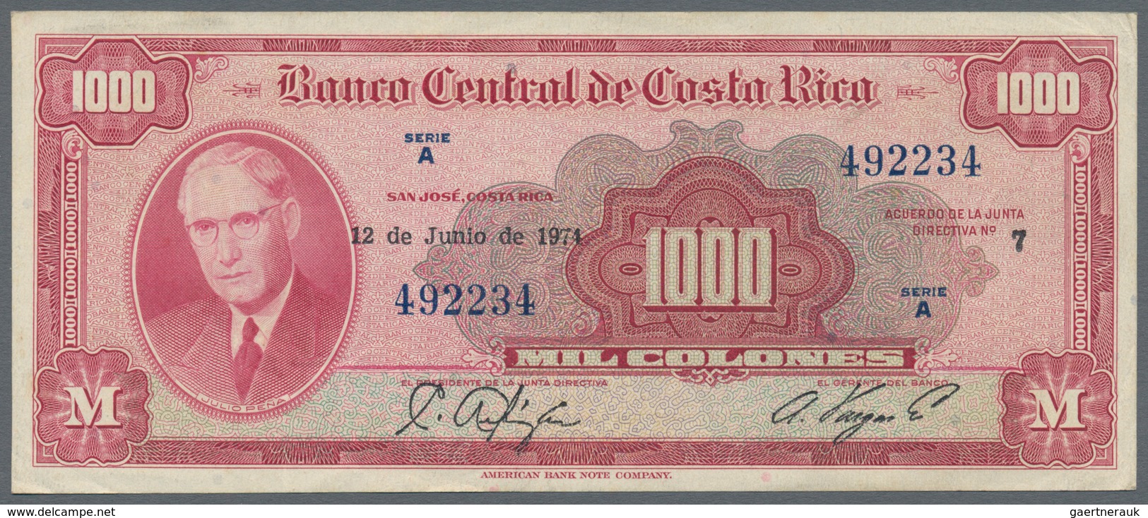 Costa Rica: Banco Central De Costa Rica 1000 Colones June 12th 1974, P.226c, Highest Denomination Of - Costa Rica