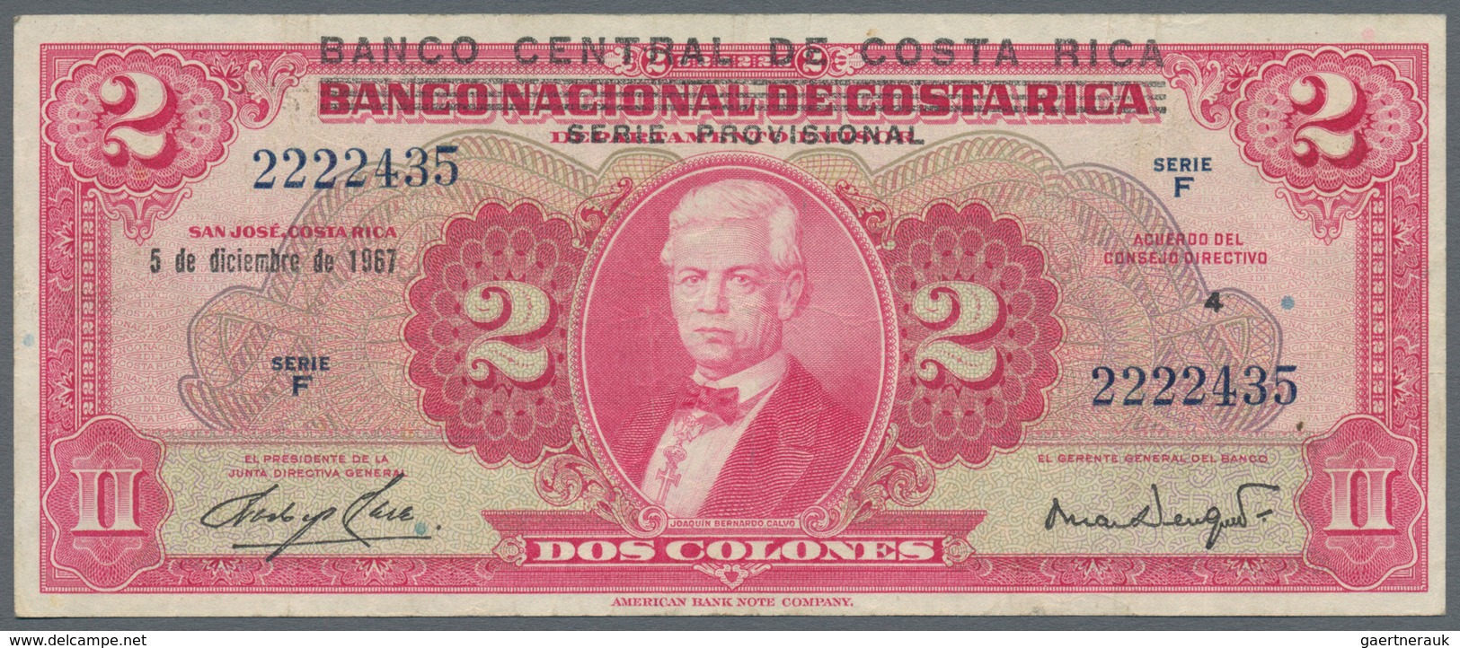 Costa Rica: Banco Central De Costa Rica 2 Colones 1967 Provisional Overprint Issue P.235 (VF) And 20 - Costa Rica