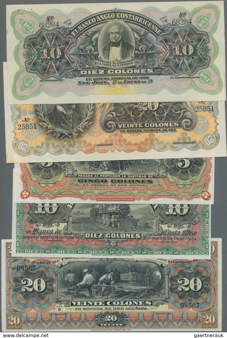 Costa Rica: El Banco Anglo Costarricense Set With 6 Banknotes Comprising 5 And 10 Colones 19xx Remai - Costa Rica