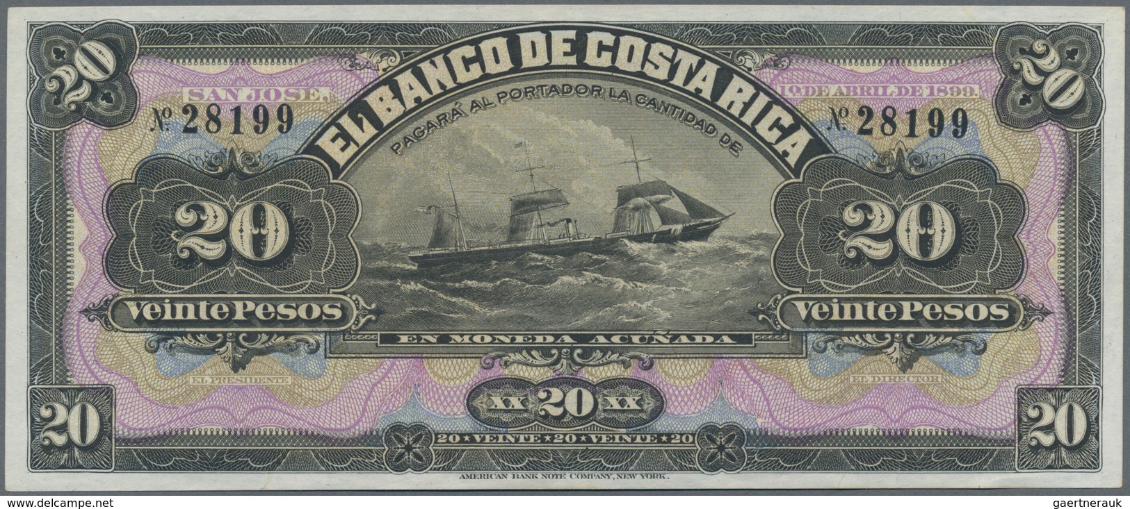 Costa Rica: El Banco De Costa Rica 20 Pesos 1899 Remainder, P.S165r In Perfect UNC Condition - Costa Rica