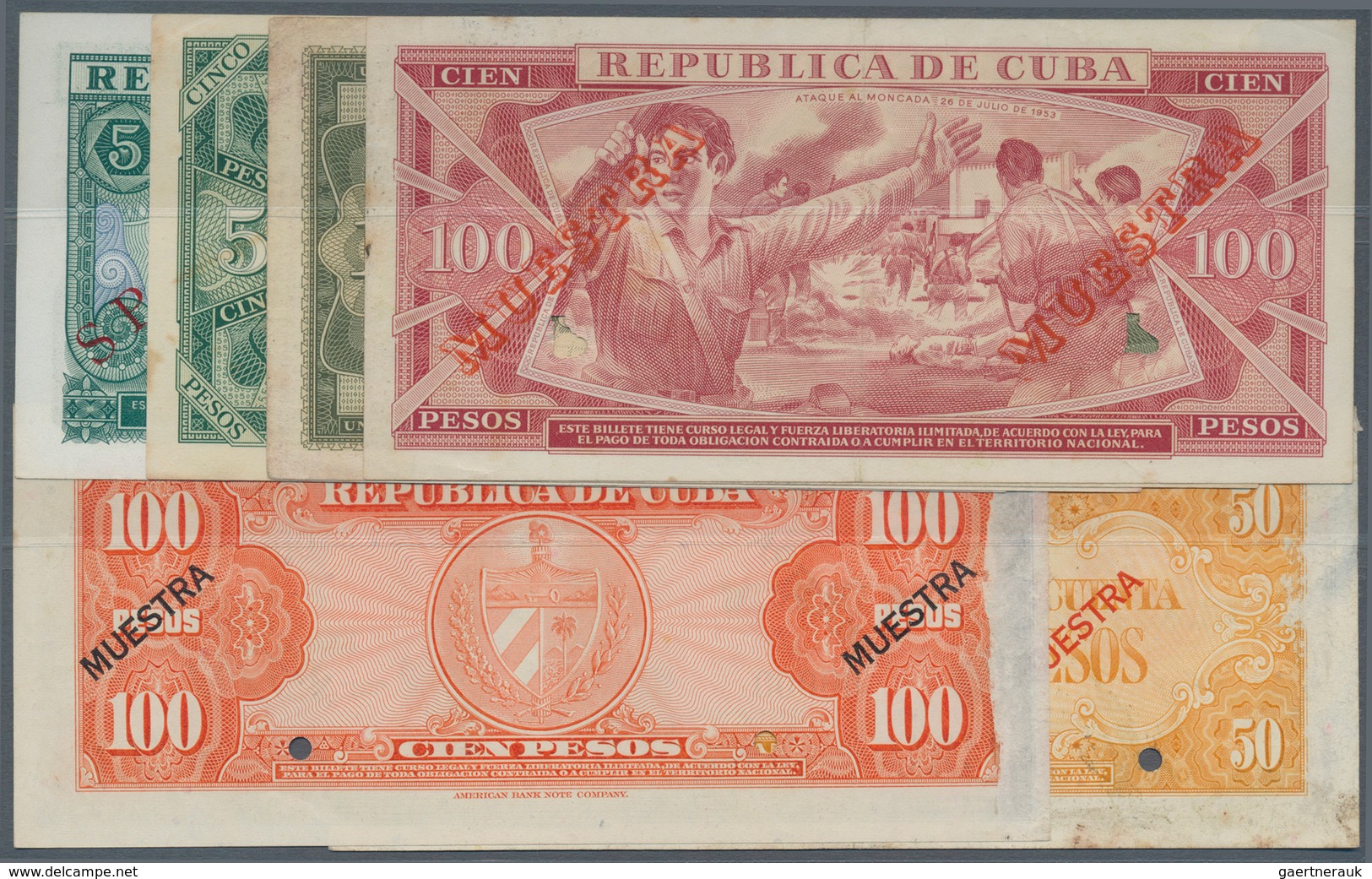 Cuba: Banco Nacional De Cuba Set With 6 Specimen Comprising 50 Pesos 1958 Specimen, 100 Pesos 1959 S - Cuba