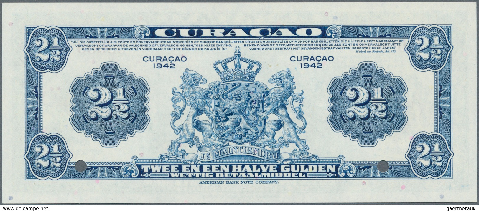 Curacao: 2 1/2 Gulden 1942 SPECIMEN, P.36s In Perfect UNC Condition - Sonstige – Amerika