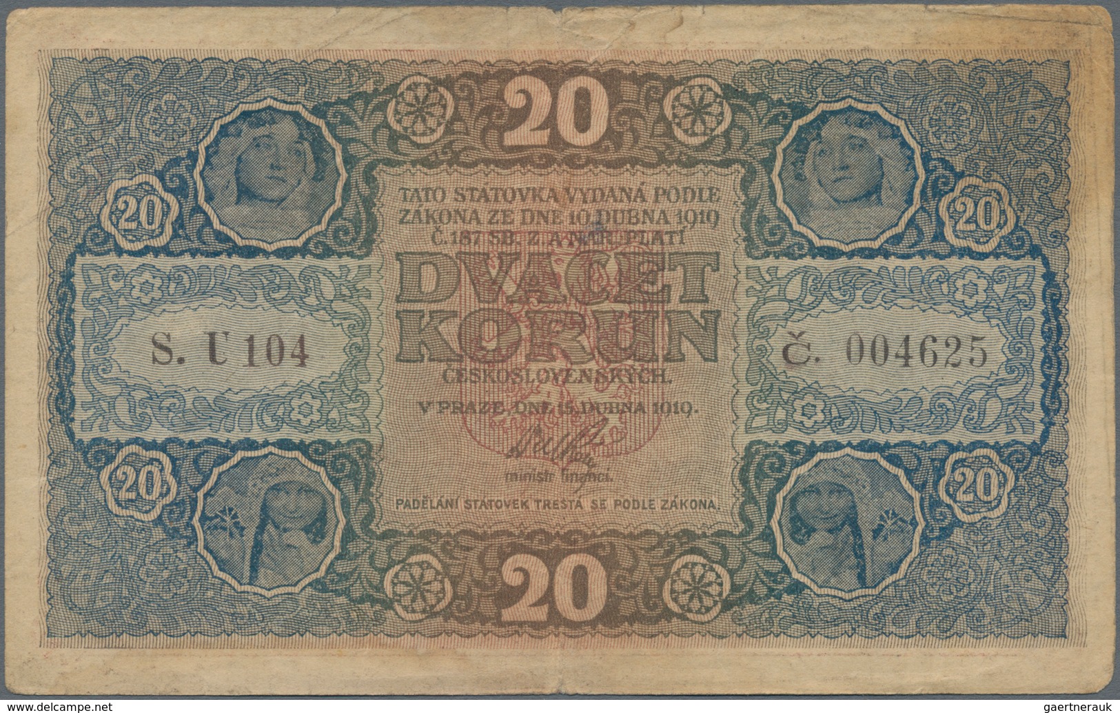 Czechoslovakia / Tschechoslowakei: 20 Korun 1919, Series "U", P.9, Toned Paper, Small Margin Split A - Tschechoslowakei
