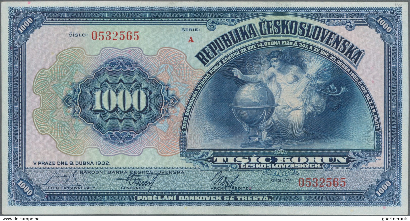 Czechoslovakia / Tschechoslowakei: 1000 Korun 1932, P.25a, Soft Vertical Bend At Center, Otherwise P - Tschechoslowakei