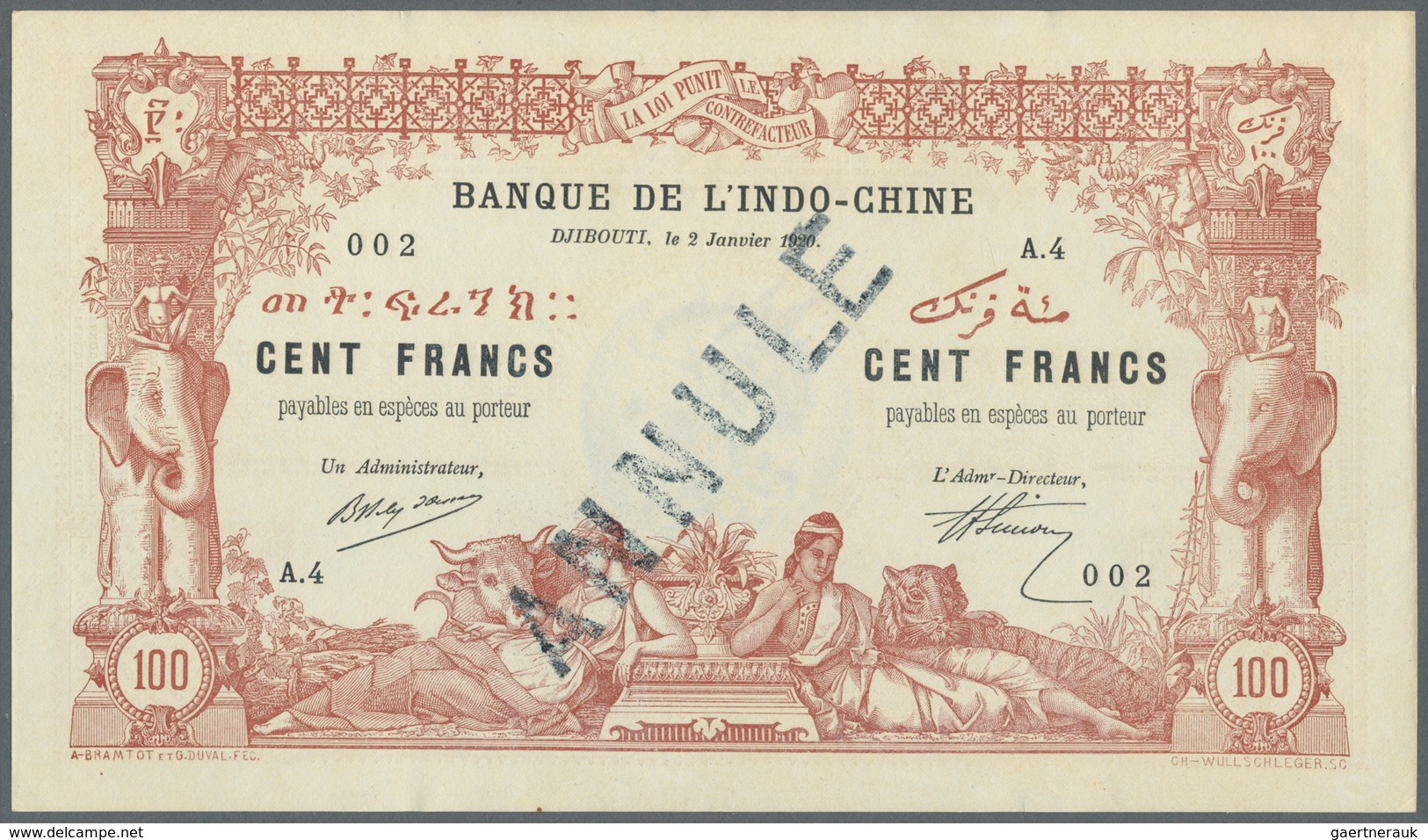 Djibouti / Dschibuti: 100 Francs 1920 Banque De L'Indochine With Stamp "Annule" P. 5(s), Highly Rare - Dschibuti