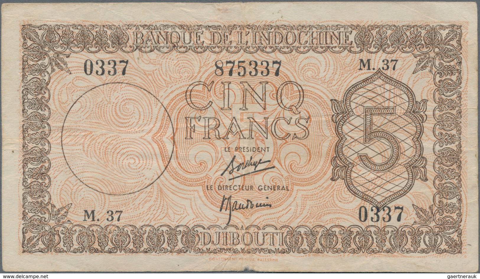 Djibouti / Dschibuti: Banque De L'Indochine 5 Francs ND(1945), P.14, Still Strong Paper With A Few M - Dschibuti