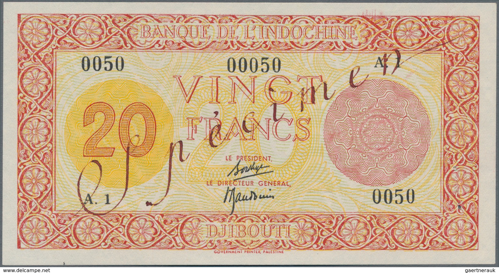 Djibouti / Dschibuti: Banque De L'Indochine - Djibouti 20 Francs ND(1945) SPECIMEN, P.15s With Teo T - Dschibuti