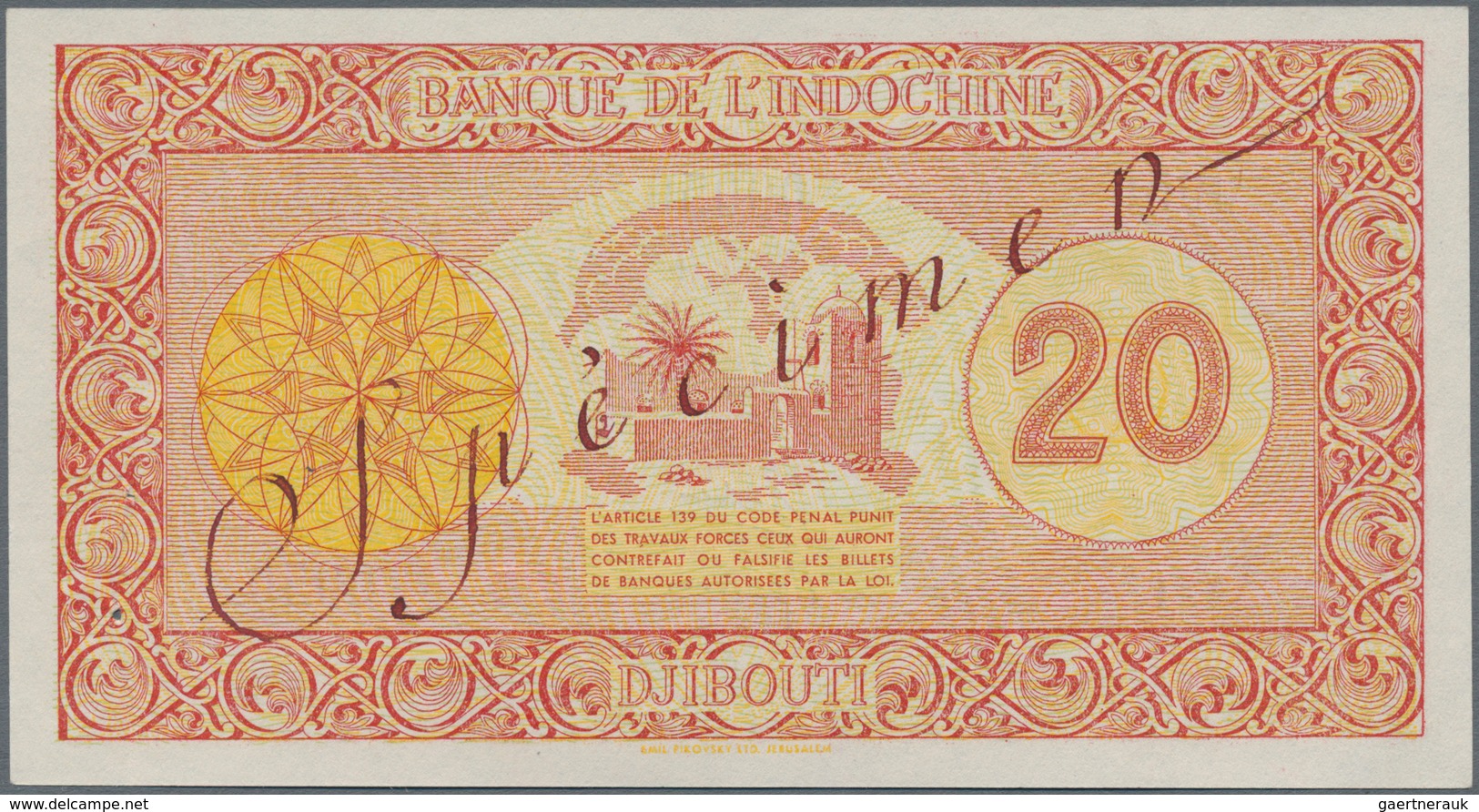 Djibouti / Dschibuti: Banque De L'Indochine - Djibouti 20 Francs ND(1945) SPECIMEN, P.15s With Teo T - Dschibuti