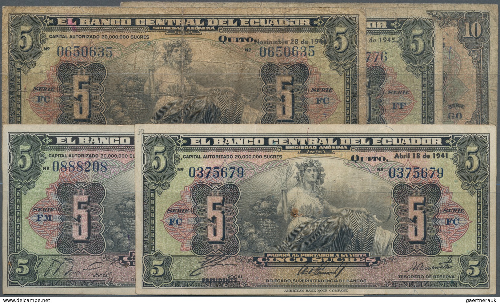 Ecuador: El Banco Central Del Ecuador 5 Sucres 1941, 1944, 1945, 1949 And 10 Sucres 1949, All With T - Ecuador