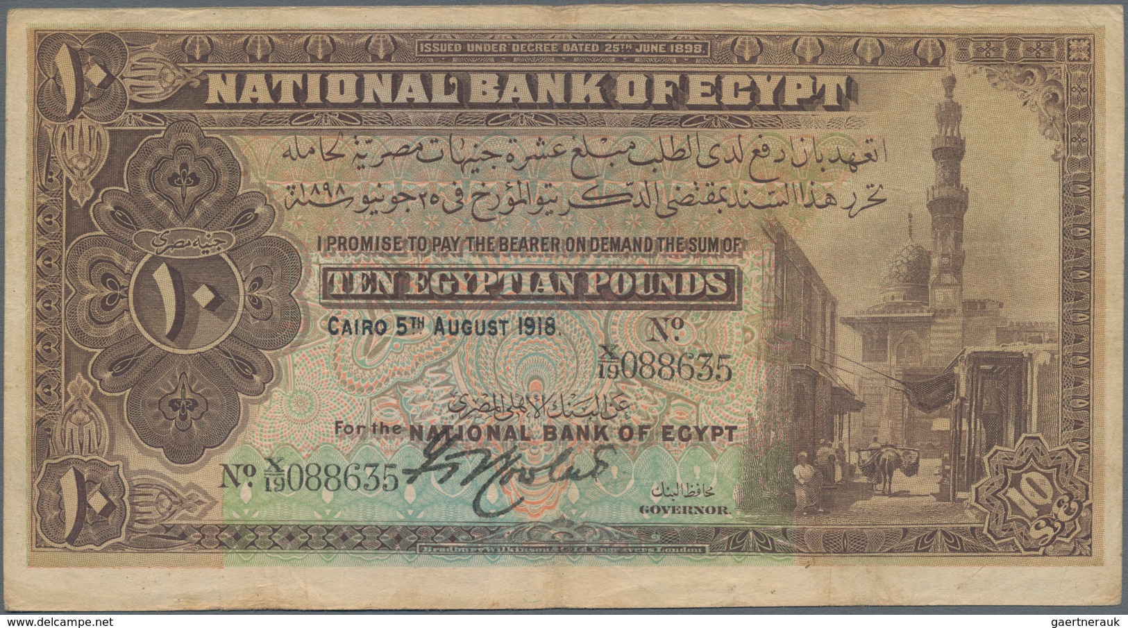 Egypt / Ägypten: National Bank Of Egypt 10 Pounds 1918, P.14, Great Condition With Lightly Stained P - Aegypten
