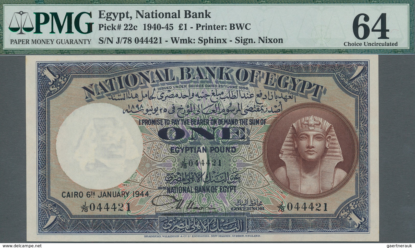 Egypt / Ägypten: 1 Pound 1944 With Signature NIXON, P.22c, Perfect Condition, PMG Graded 64 Choice U - Aegypten