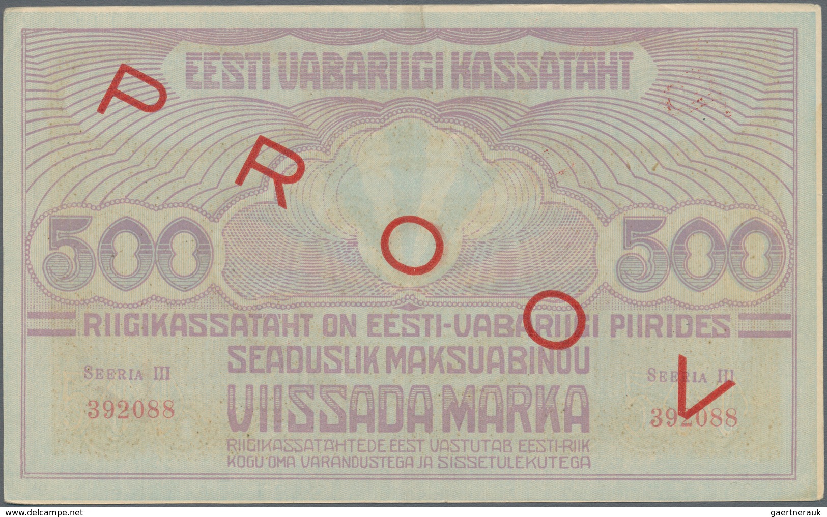 Estonia / Estland: Pair With 500 Marka ND(1920-21) Specimen With Red Overprint "PROOV" P.49s F+ With - Estland