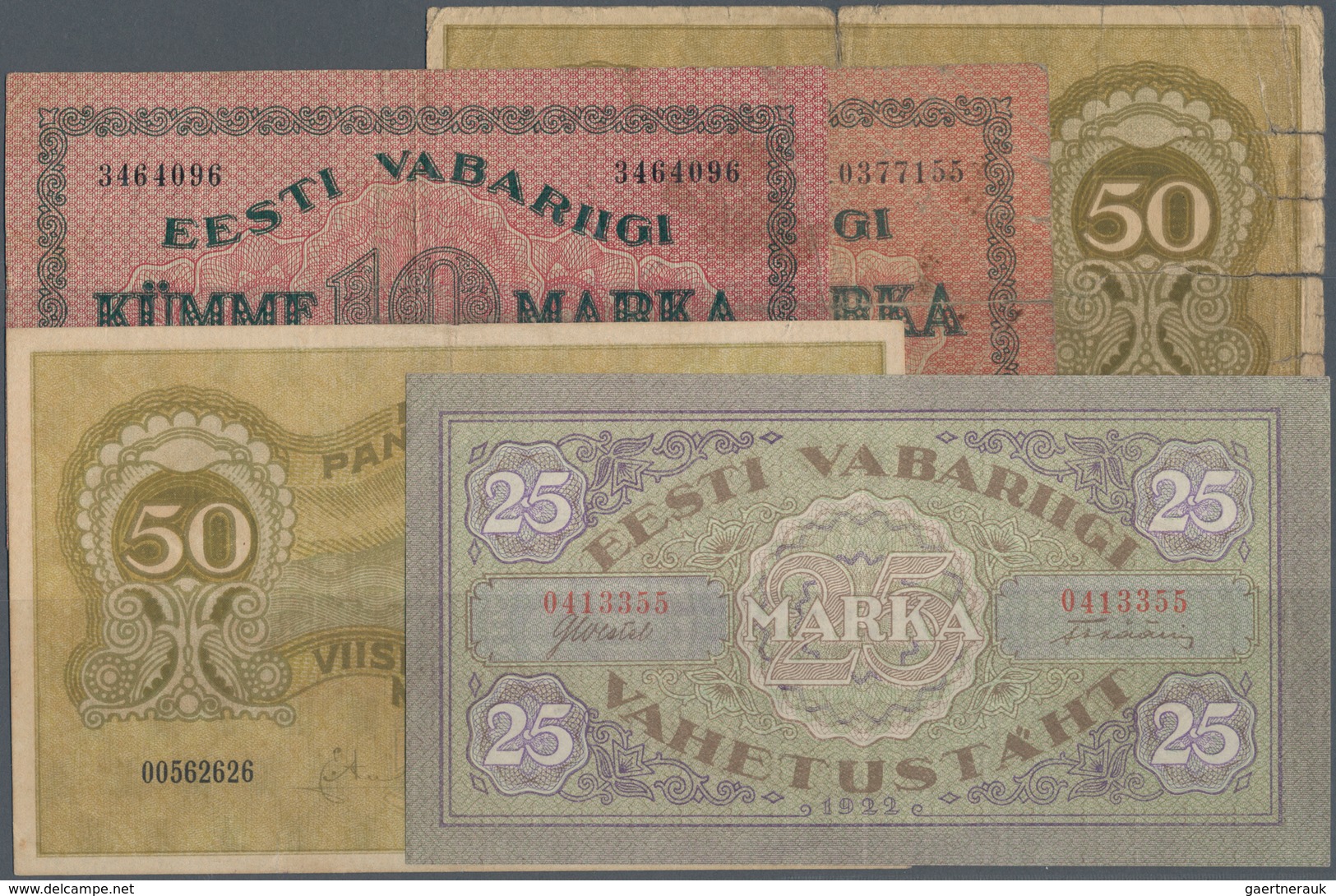 Estonia / Estland: Very Nice Set With 5 Banknotes 2 X 10 Marka 1922 P.53a,b In F-/F, 25 Marka 1923 P - Estland