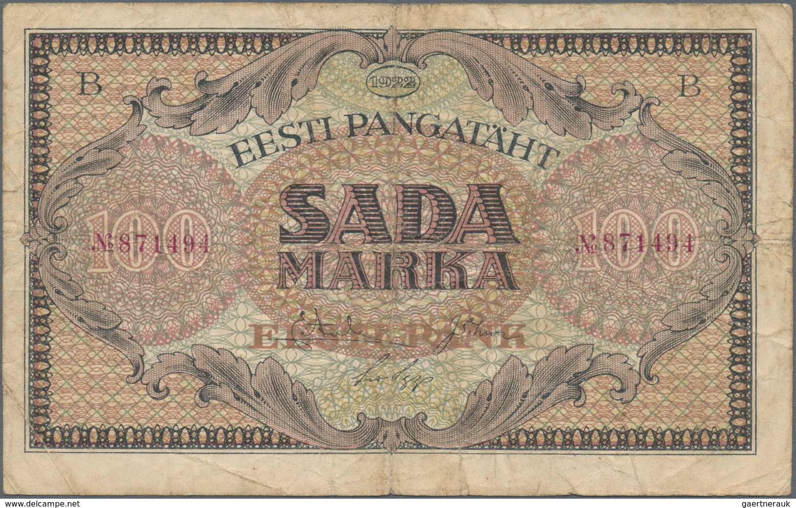 Estonia / Estland: Eesti Pangatäht 100 Marka 1922, P.58a, Stained Paper With A Few Tiny Border Tears - Estland