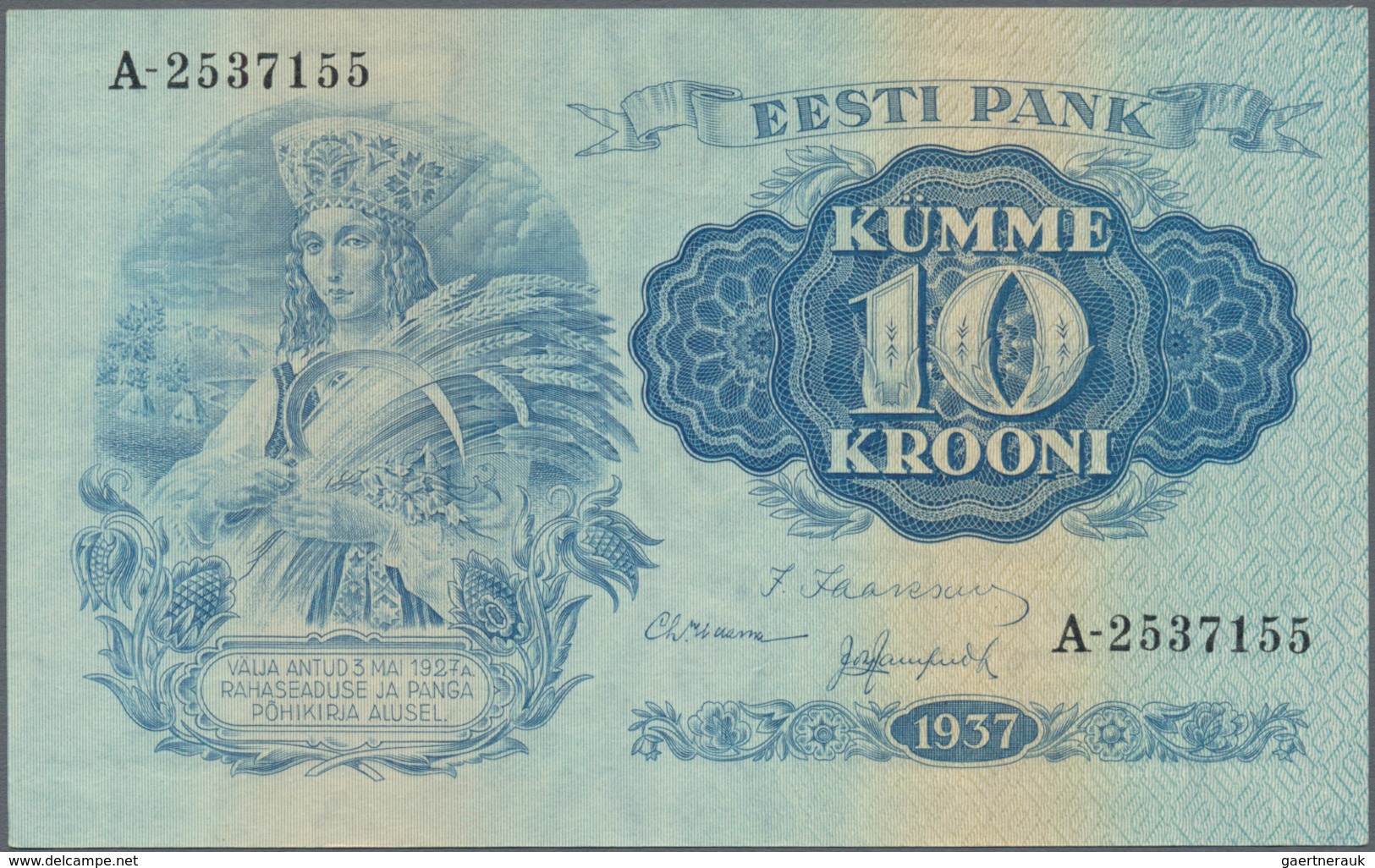 Estonia / Estland: Very nice set with 6 Banknotes series 1928-37 with 10 Krooni 1928 in about F, 5 a