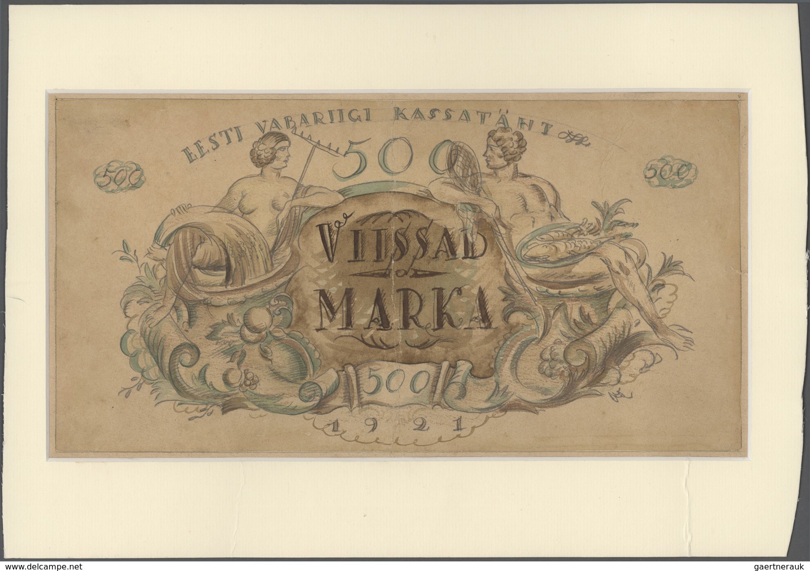 Estonia / Estland: Hand-drawn Design Of The Eesti Vabariigi Kassatäht For A Banknote 500 Marka 1921, - Estland