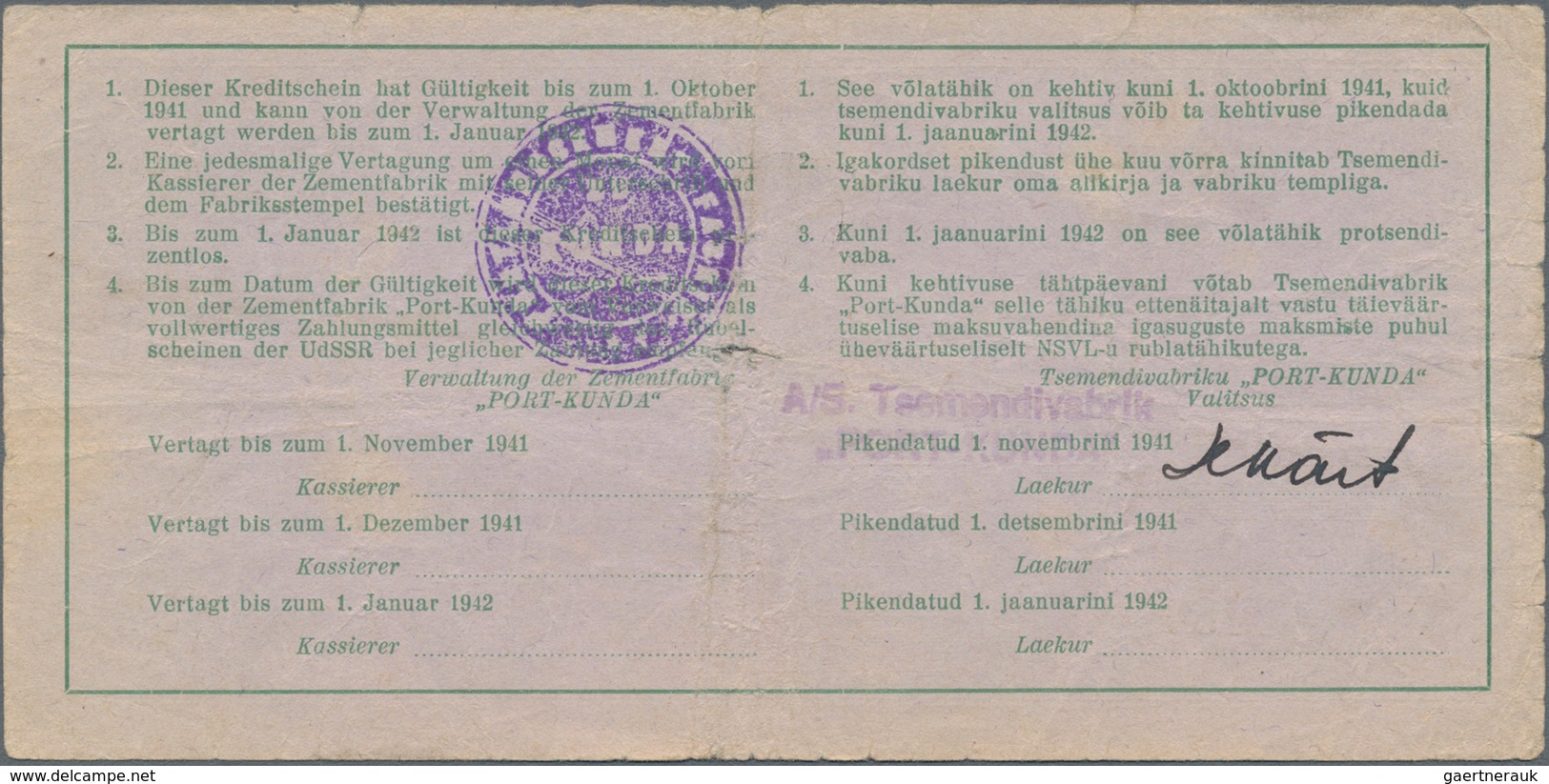 Estonia / Estland: Set With 5 Pcs. Of The Kreditscheine Der Zementfabrik "Port-Kunda" With 1, 3, 5, - Estonia