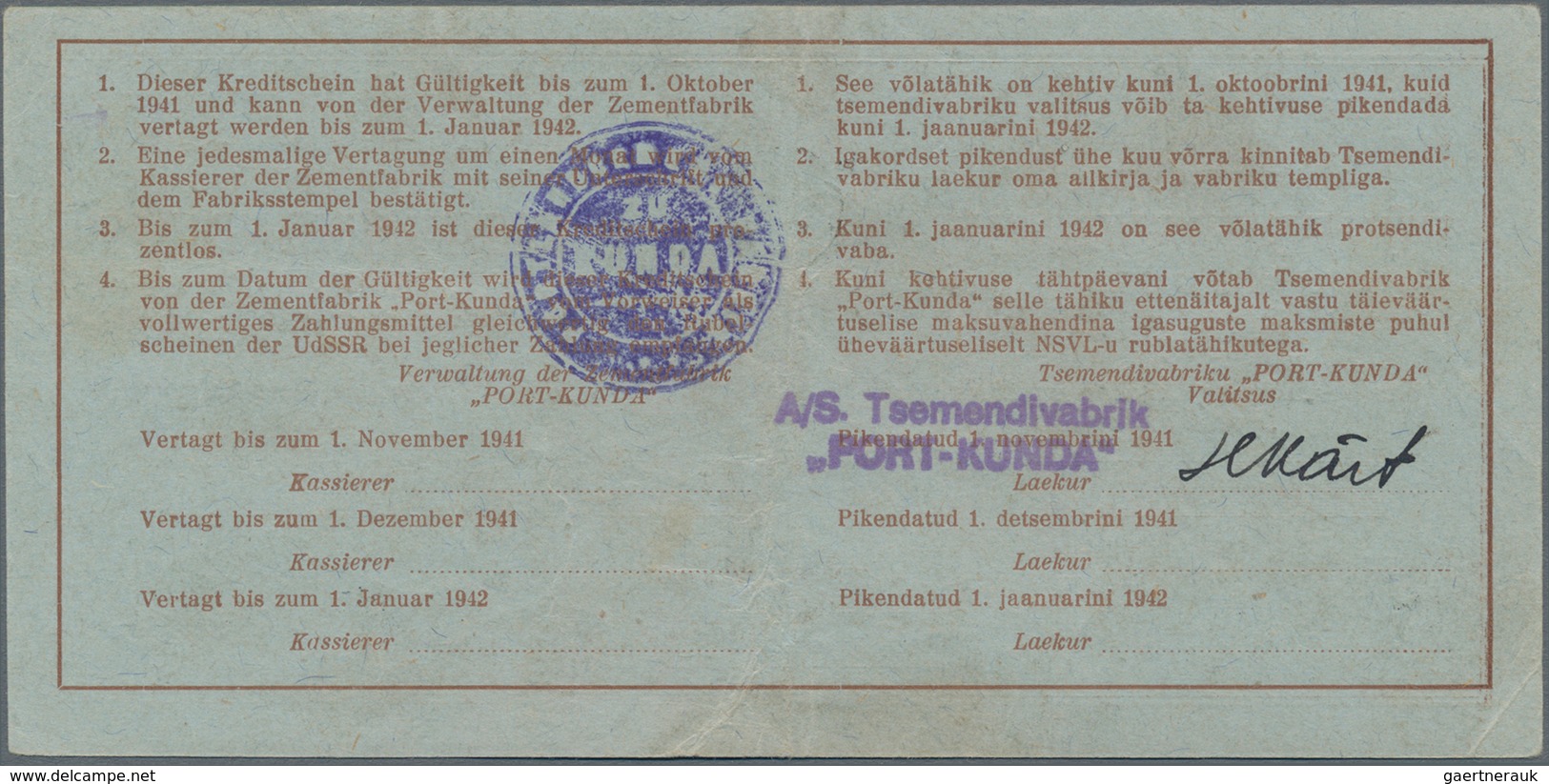 Estonia / Estland: set with 5 pcs. of the Kreditscheine der Zementfabrik "Port-Kunda" with 1, 3, 5,