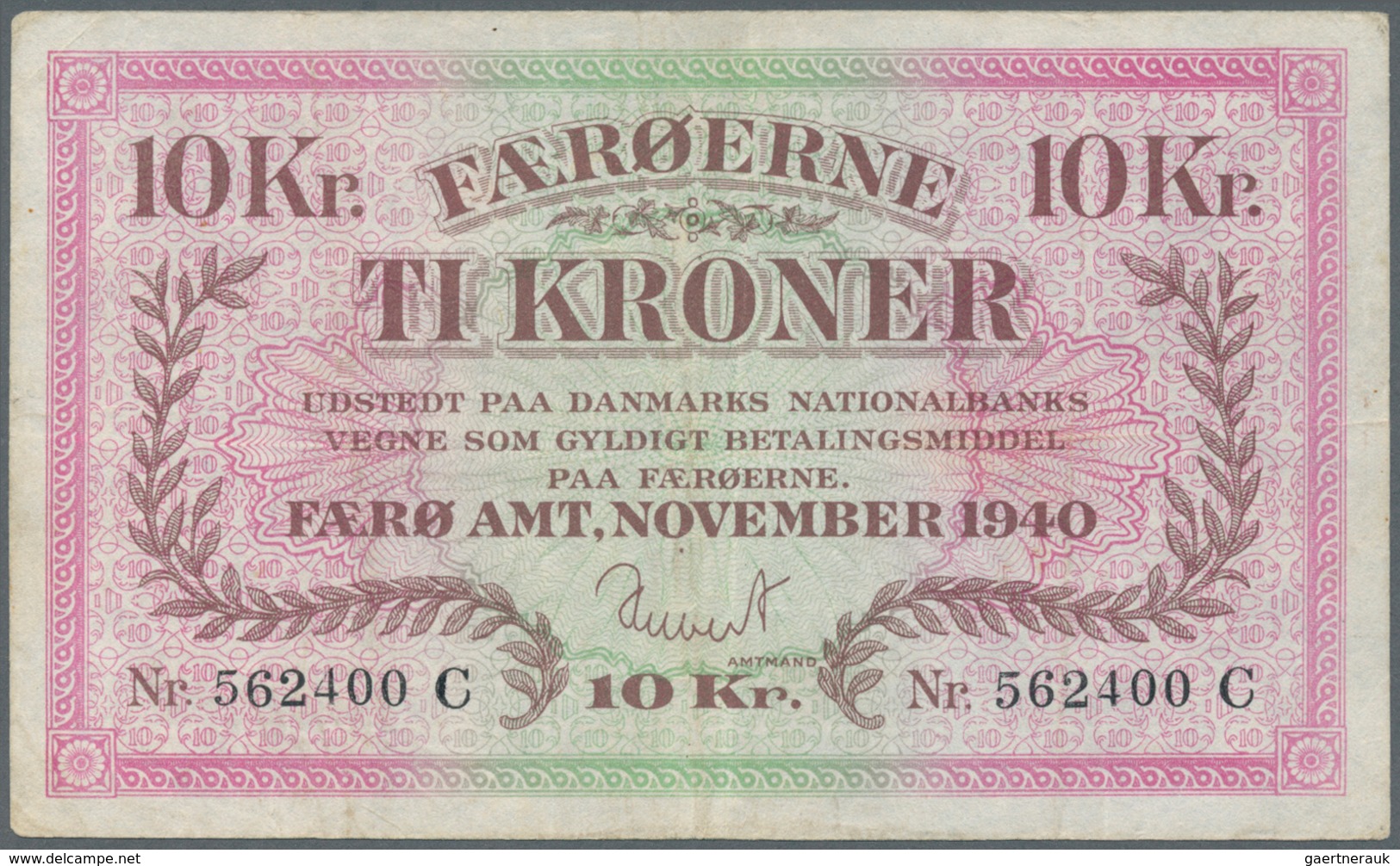 Faeroe Islands / Färöer: 10 Kroner 1940 P. 11a, Pressed, Traces Of Former Folds Especially Visible O - Färöer Inseln