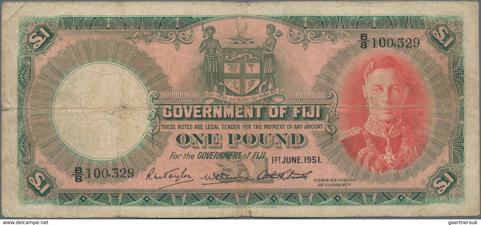 Fiji: 1 Pound June 1st 1951, P.40f, Small Border Tears And Tiny Holes At Center. Condition: F/F- - Fidschi