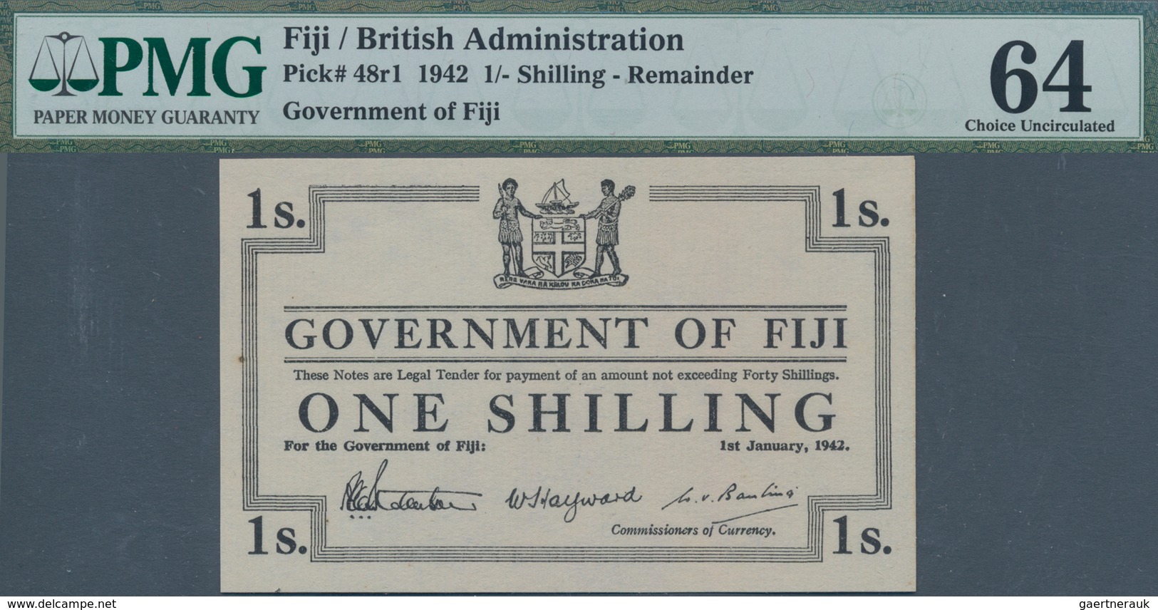Fiji: Lot With 3 Banknotes 1 Shilling 1942 Remainder, P.48r1, PMG Graded 64 Choice Uncirculated NET - Fiji