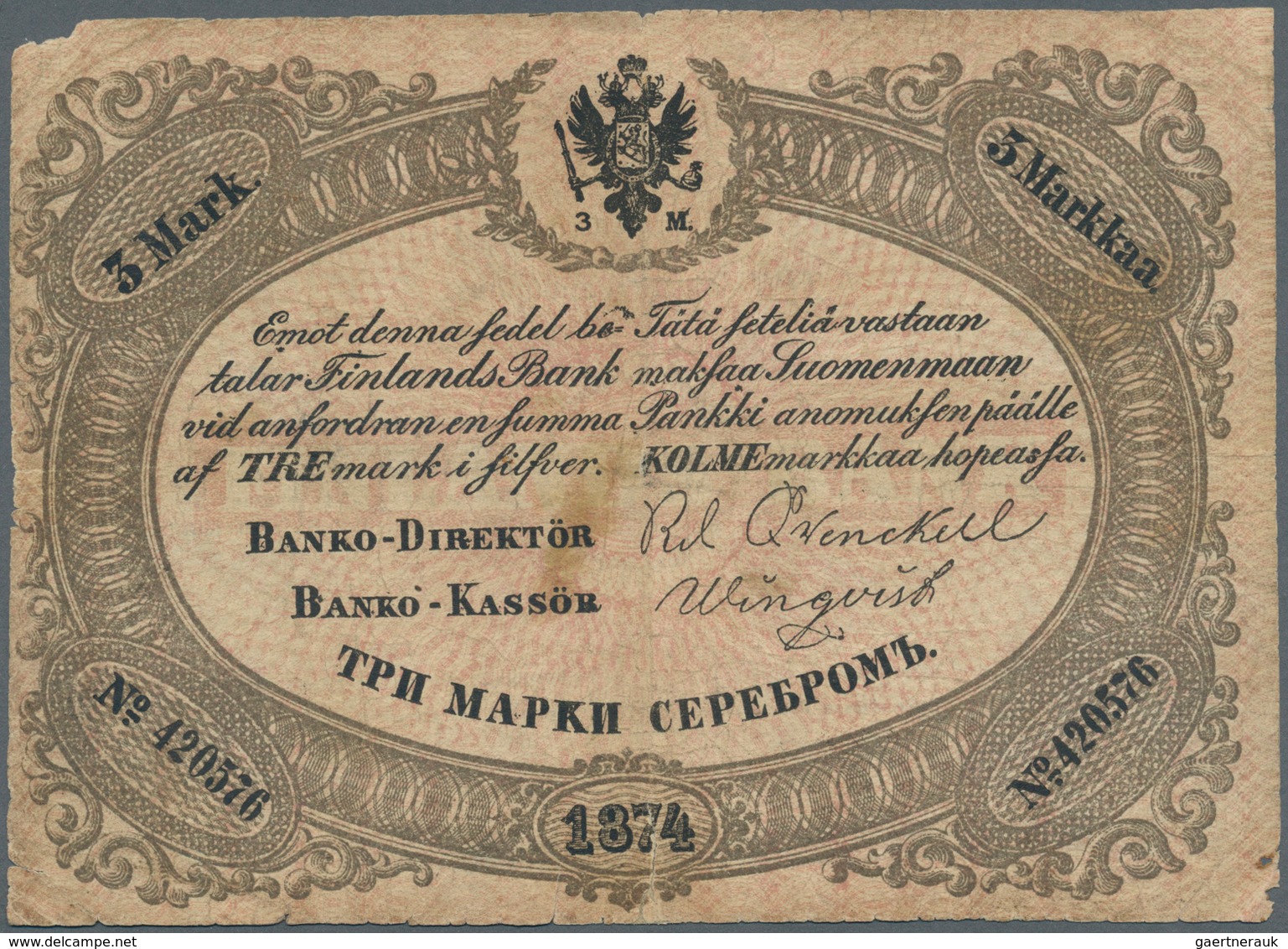 Finland / Finnland: 3 Markkaa 1874 P. A40e, Used With Stronger Folds, Borders Worn With Several Bord - Finland