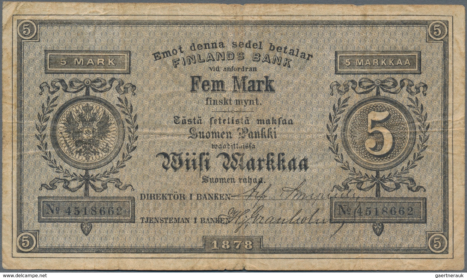 Finland / Finnland: 5 Markkaa 1878, P.A43, Still Great Original Shape With A Few Folds And Lightly T - Finlandia